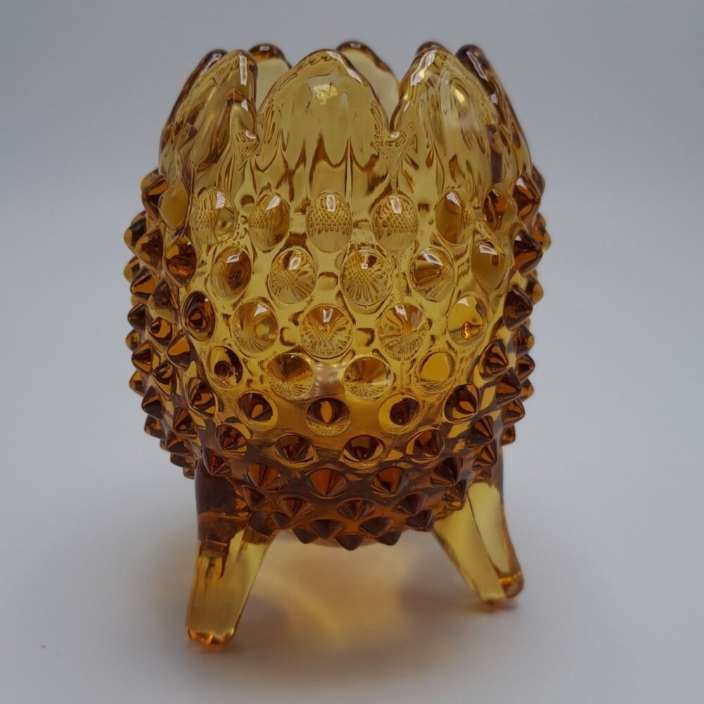 Vintage Fenton Amber Yellow Hobnail Glass Vase 3 Legged Design